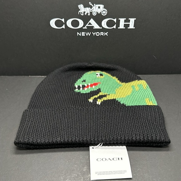 NWT Coach Rexy knit Beanie hat Dinosaur CO105 Limited Edition Cap Black Wool - Picture 3 of 6